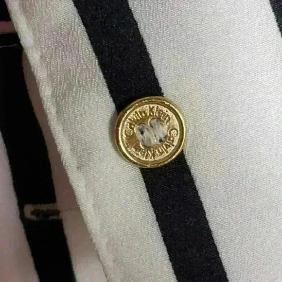 Calvin Klein Blouse White Black Stripe Gold Zipper Buttons Pockets Cuff Sleeves - Picture 11 of 13